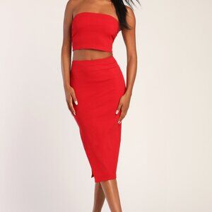Twice the Spice Red Ribbed Knit Strapless Bodycon Midi Dress